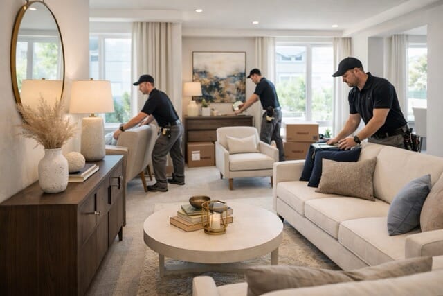 Furniture installers staging modern living room