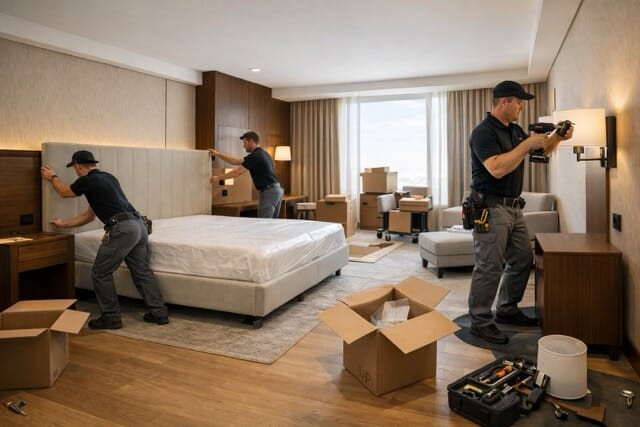 Hotel room setup in progress