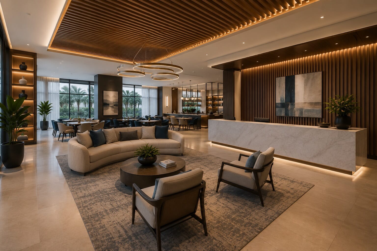 Luxurious modern hotel lobby interior public space for hospitality ff&e installation
