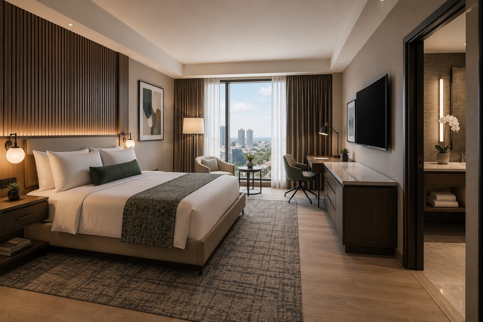 Modern hotel room with city view full FF&E installation