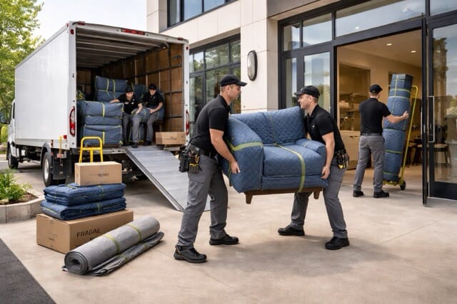 Movers unloading furniture outside office building