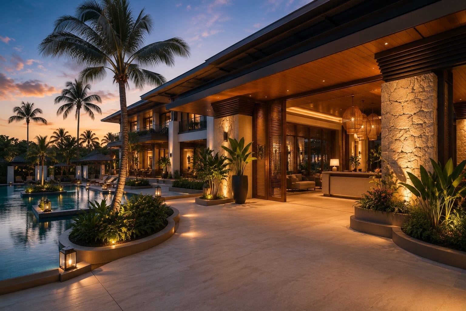 Tropical resort at twilight with full ff&e installed