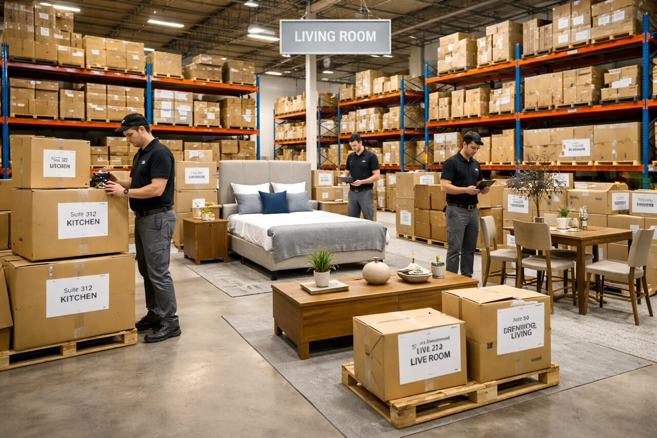 Warehouse staging area with labeled furniture