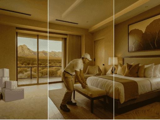 Man carefully placing furniture in recently renovated hotel room.