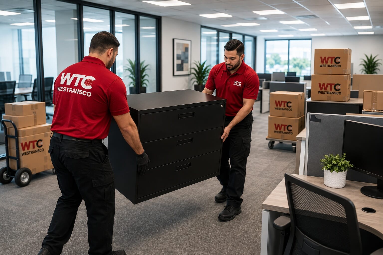 Westransco relocation professionals moving office furniture during a corporate office relocation.