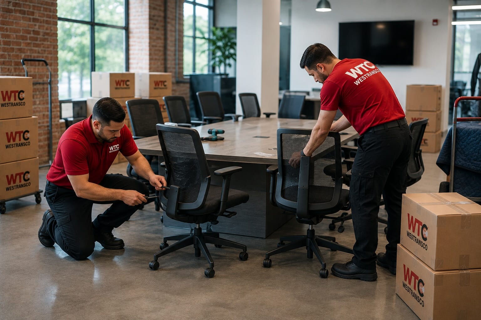 Westransco installation professionals assembling office furniture in a modern corporate conference room.