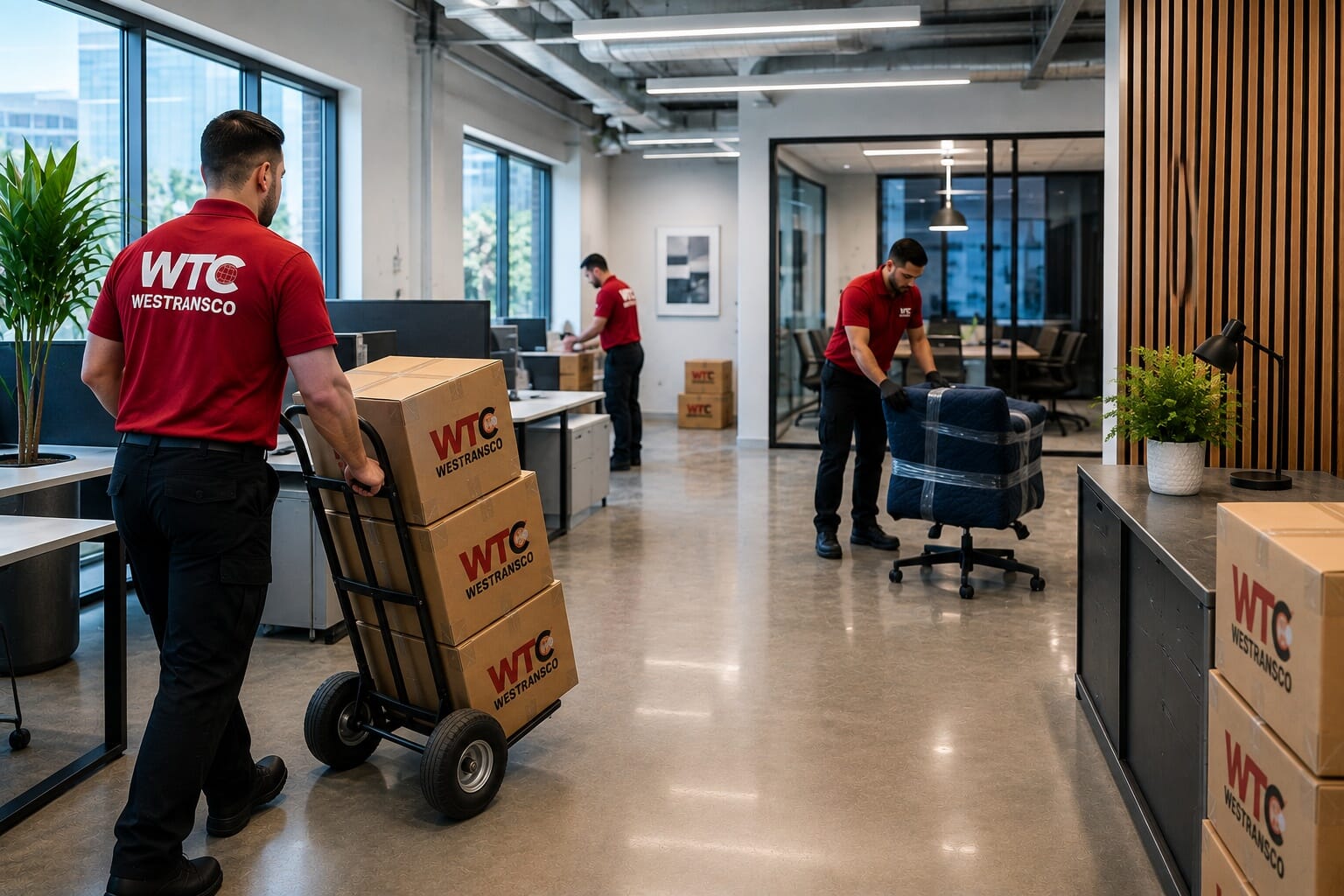 Westransco relocation professionals coordinating office furniture, boxed assets, and logistics during a commercial office relocation.